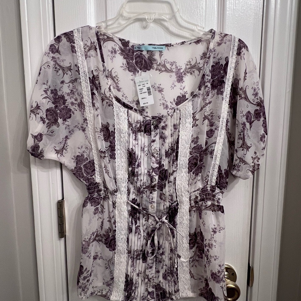 Maurices Floral Blouse with Lace - Purple and White